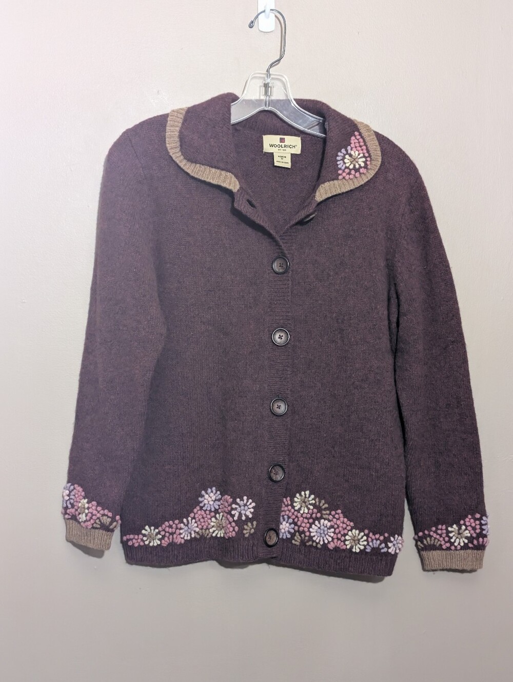 Vintage Woolrich cottagecore Grandma Chic Burgundy Embroidered Cardigan Sweater